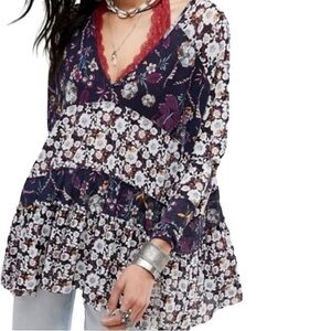 FREE PEOPLE Isabelle Floral Boho Mesh Semi Sheer Swing Tunic Top Blouse XS